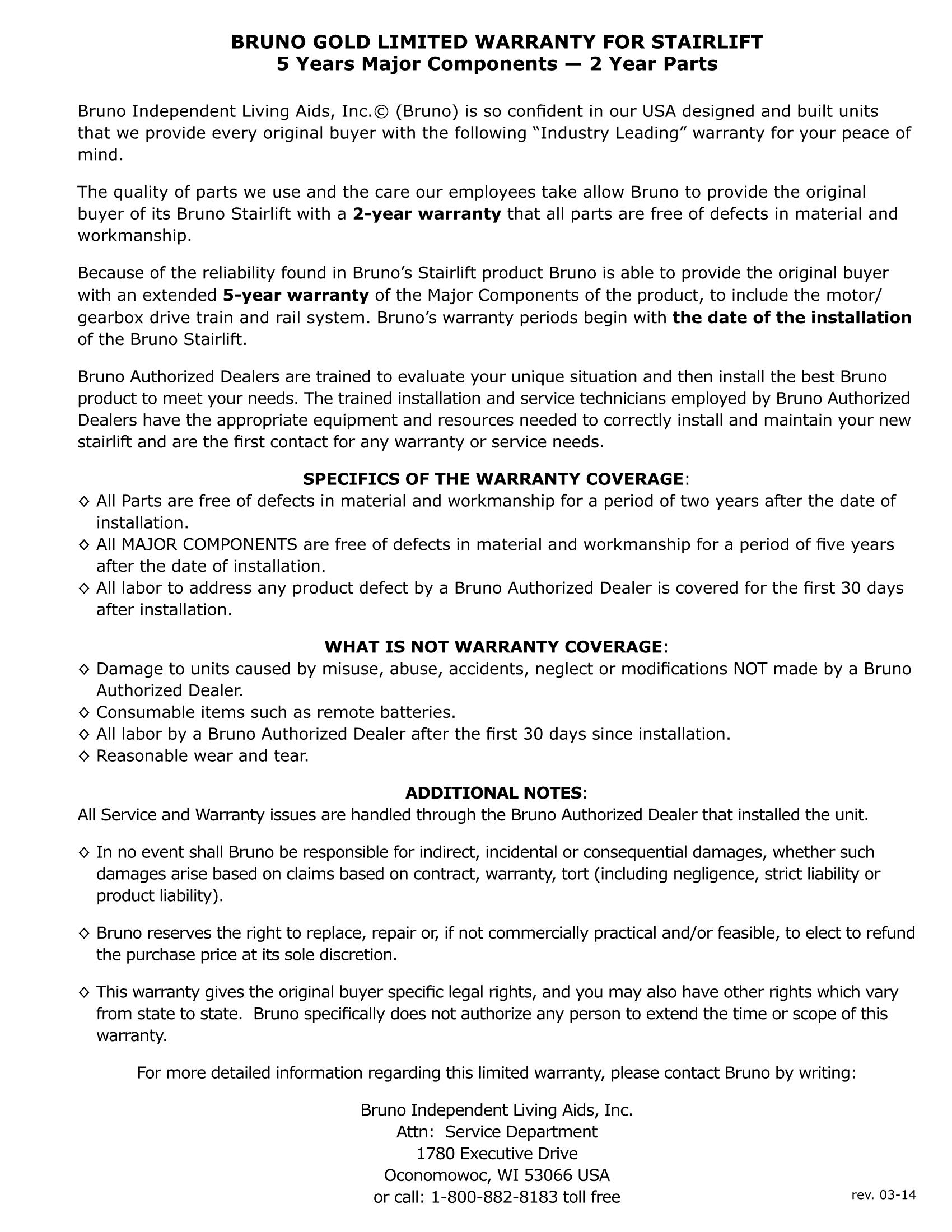 bruno warranty sre2010e stairlift